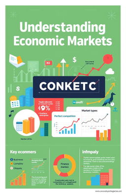 A vibrant and informative poster showcasing economic market concepts, featuring various elements of market economics such as supply and demand curves, consumer behavior, market types (perfect competition, monopoly, oligopoly), and key economic indicators like GDP, inflation rate, and unemployment rate