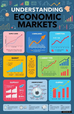 A vibrant and informative poster showcasing economic market concepts, featuring various elements of market economics such as supply and demand curves, consumer behavior, market types (perfect competition, monopoly, oligopoly), and key economic indicators like GDP, inflation rate, and unemployment rate