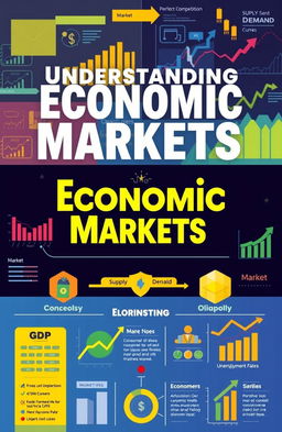 A vibrant and informative poster showcasing economic market concepts, featuring various elements of market economics such as supply and demand curves, consumer behavior, market types (perfect competition, monopoly, oligopoly), and key economic indicators like GDP, inflation rate, and unemployment rate