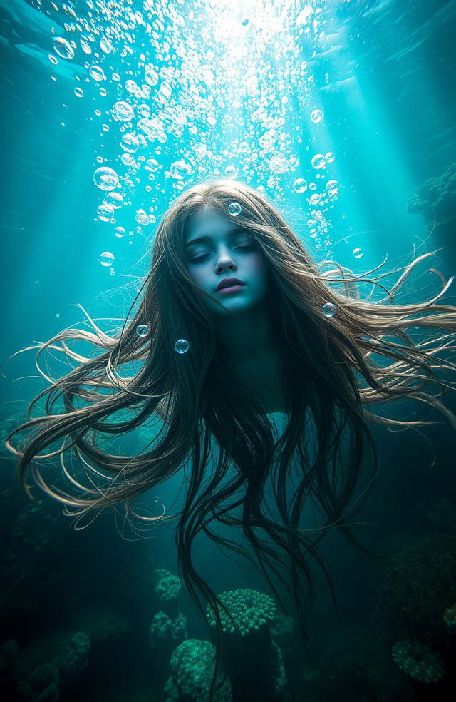 A hauntingly beautiful underwater scene featuring a girl with long flowing hair drifting in a serene yet eerie underwater world