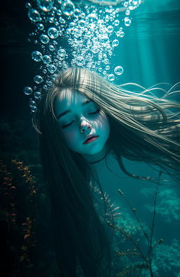 A hauntingly beautiful underwater scene featuring a girl with long flowing hair drifting in a serene yet eerie underwater world