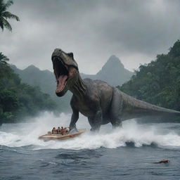 In the ensuing chaos, the flamboyant millionaire quickly boards his luxurious yacht, abandoning the storm-ravaged island and the astonished visitors, leaving Jurassic Park in the clutches of the unleashed prehistoric beasts.