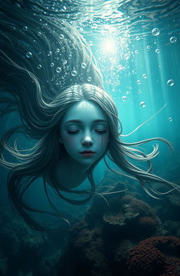 A hauntingly beautiful underwater scene featuring a girl with long flowing hair drifting in a serene yet eerie underwater world