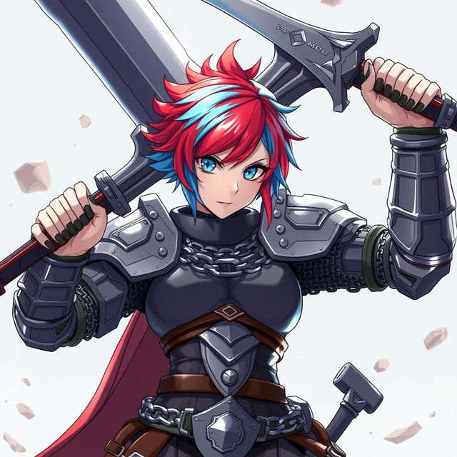 A human fighter wielding an enormous buster sword, dramatically raised high above their head