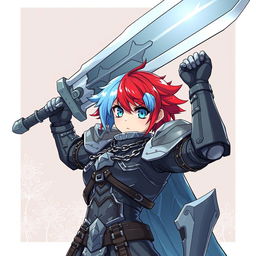 A human fighter wielding an enormous buster sword, dramatically raised high above their head