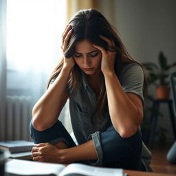 A woman sitting in a contemplative pose, expressing deep sadness, with her hands cradling her head