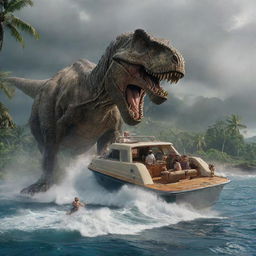 In the ensuing chaos, the flamboyant millionaire quickly boards his luxurious yacht, abandoning the storm-ravaged island and the astonished visitors, leaving Jurassic Park in the clutches of the unleashed prehistoric beasts.