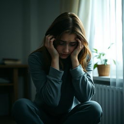 A woman sitting in a contemplative pose, expressing deep sadness, with her hands cradling her head