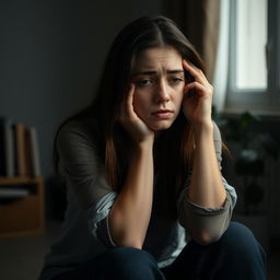 A woman sitting in a contemplative pose, expressing deep sadness, with her hands cradling her head