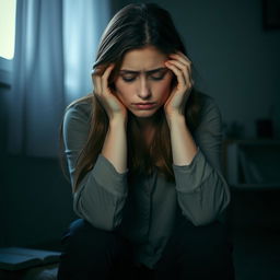 A woman sitting in a contemplative pose, expressing deep sadness, with her hands cradling her head