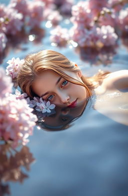 A serene scene featuring a girl gracefully floating on calm water, surrounded by delicate lilac flowers