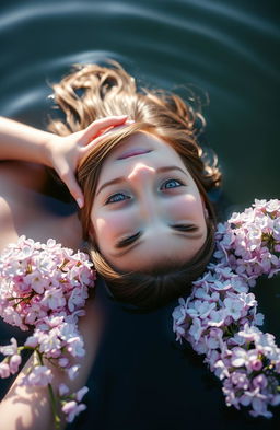 A serene scene featuring a girl gracefully floating on calm water, surrounded by delicate lilac flowers