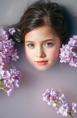 A serene scene featuring a girl gracefully floating on calm water, surrounded by delicate lilac flowers