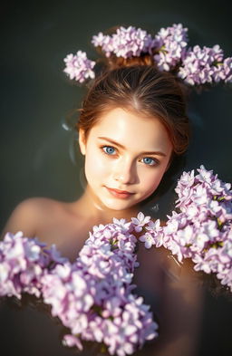 A serene scene featuring a girl gracefully floating on calm water, surrounded by delicate lilac flowers