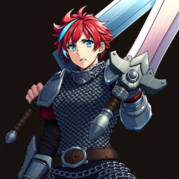 A human fighter wielding an enormous buster sword, raised high in an assertive stance