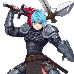 A human fighter wielding an enormous buster sword, raised high in an assertive stance