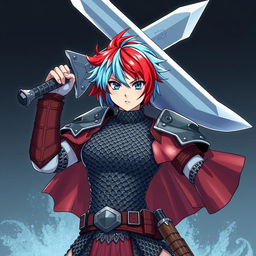 A human fighter wielding an enormous buster sword, raised high in an assertive stance