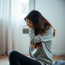 A woman sitting in a sorrowful pose, with her arms wrapped around her head, covering her face in a gesture of despair