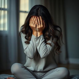 A woman sitting in a sorrowful pose, with her arms wrapped around her head, covering her face in a gesture of despair