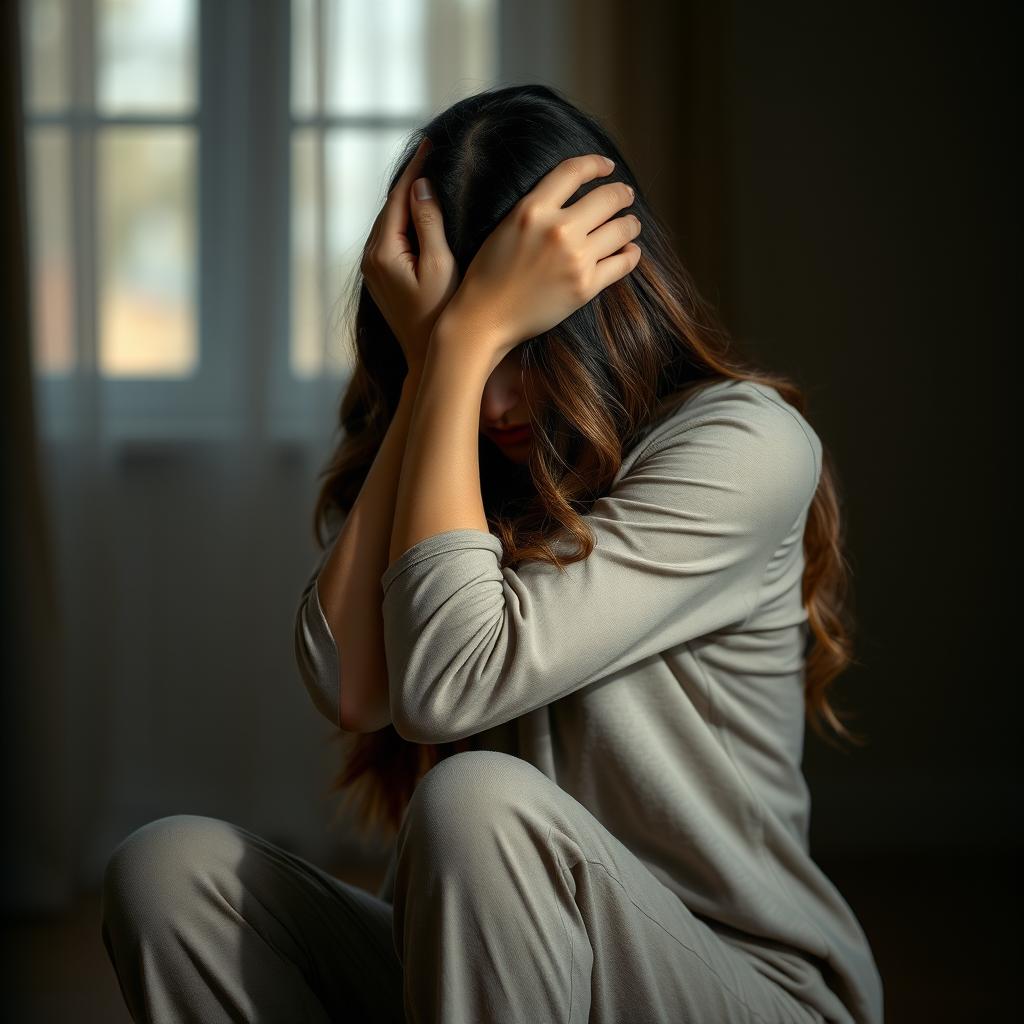 A woman sitting in a sorrowful pose, with her arms wrapped around her head, covering her face in a gesture of despair