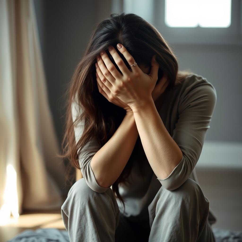 A woman sitting in a sorrowful pose, with her arms wrapped around her head, covering her face in a gesture of despair