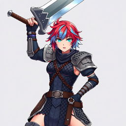 A human fighter wielding an enormous buster sword, dramatically raised above their head in a powerful stance