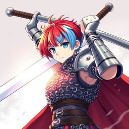 A human fighter wielding an enormous buster sword, dramatically raised above their head in a powerful stance