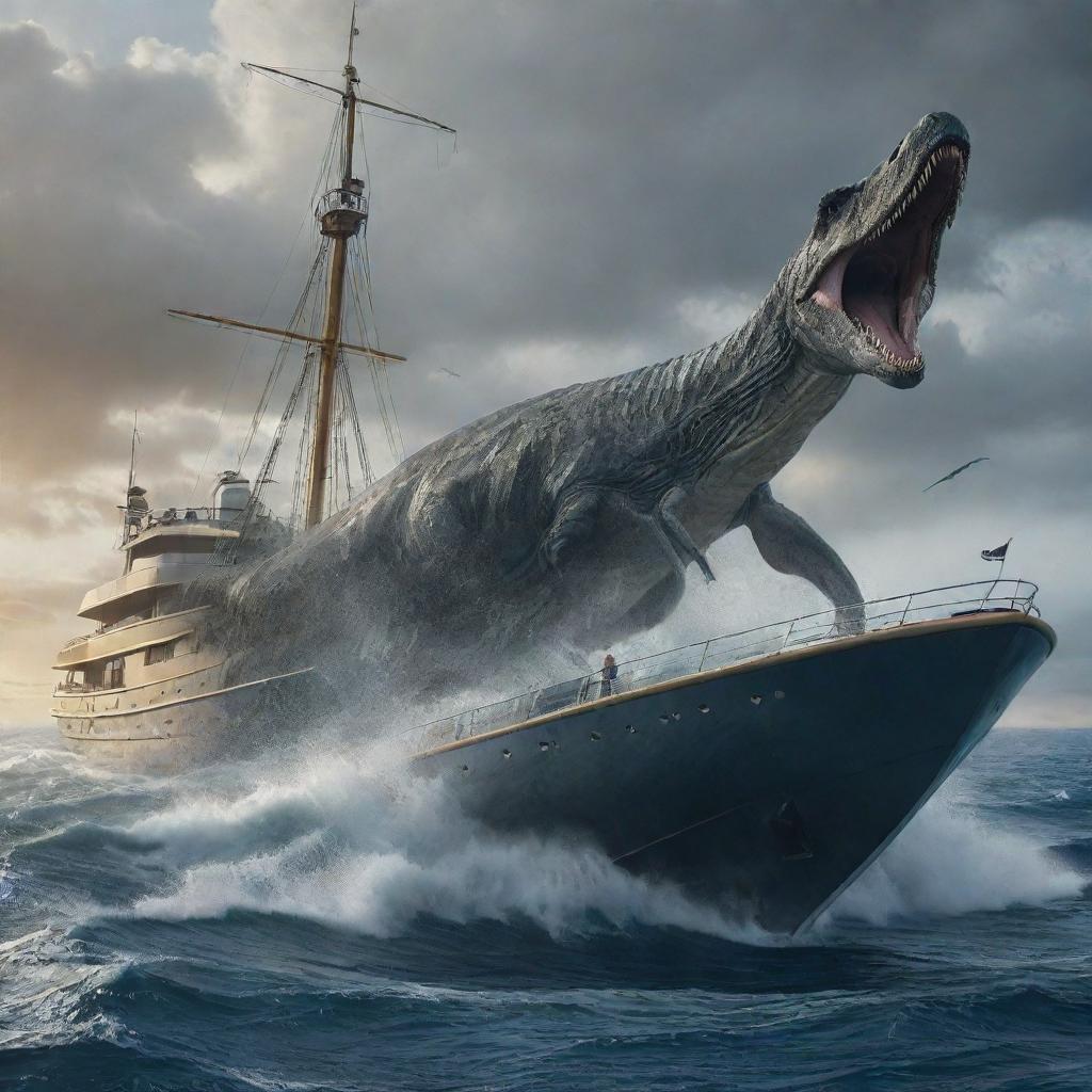 Out in the tumultuous sea, the millionaire's yacht is suddenly attacked by the terrifying Mosasaurus that emerges from the depths, creating an unforgettable spectacle of primal force and opulent luxury colliding.