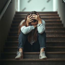 A woman seated on a set of stairs, expressing profound sadness, with her arms wrapped around her head, covering her face in a gesture of despair