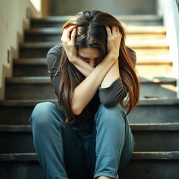 A woman seated on a set of stairs, expressing profound sadness, with her arms wrapped around her head, covering her face in a gesture of despair