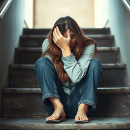 A woman seated on a set of stairs, expressing profound sadness, with her arms wrapped around her head, covering her face in a gesture of despair