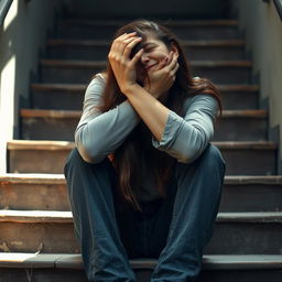 A woman seated on a set of stairs, expressing profound sadness, with her arms wrapped around her head, covering her face in a gesture of despair