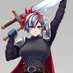 A human fighter showcasing an enormous buster sword, raised triumphantly above their head