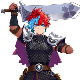 A human fighter showcasing an enormous buster sword, raised triumphantly above their head