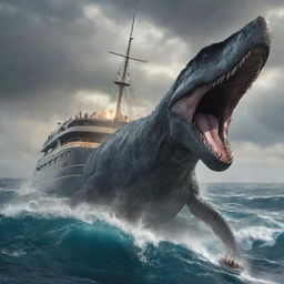 Out in the tumultuous sea, the millionaire's yacht is suddenly attacked by the terrifying Mosasaurus that emerges from the depths, creating an unforgettable spectacle of primal force and opulent luxury colliding.