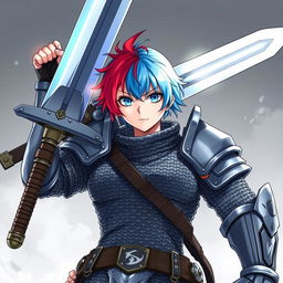 A human fighter showcasing an enormous buster sword, raised triumphantly above their head