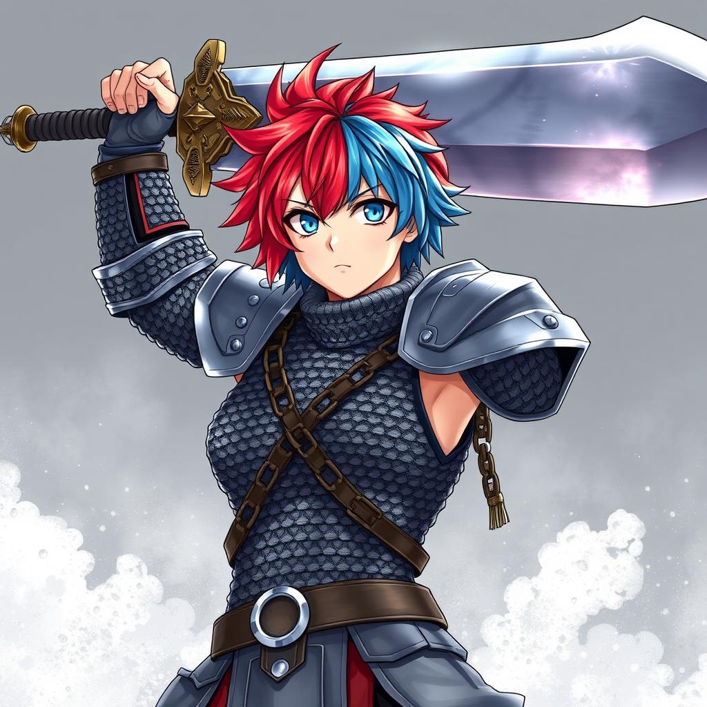 A human fighter showcasing an enormous buster sword, raised triumphantly above their head