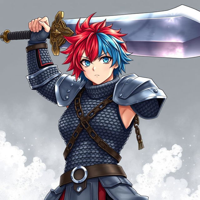 A human fighter showcasing an enormous buster sword, raised triumphantly above their head