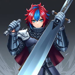 A human fighter presenting a colossal buster sword, elevated powerfully in their hands