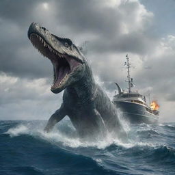 Out in the tumultuous sea, the millionaire's yacht is suddenly attacked by the terrifying Mosasaurus that emerges from the depths, creating an unforgettable spectacle of primal force and opulent luxury colliding.