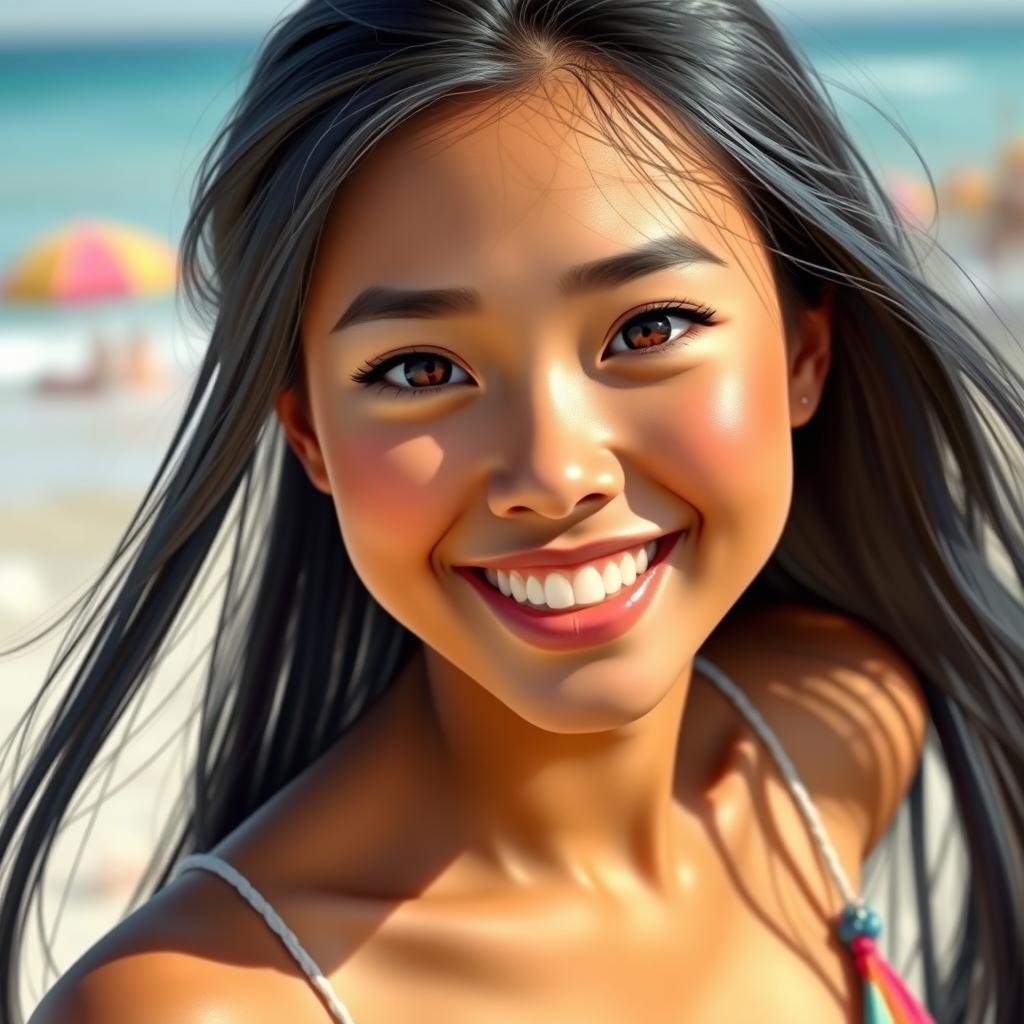 A depiction of a young woman with light brown skin, long hair that is black-blue in color, featuring a slight forehead recession