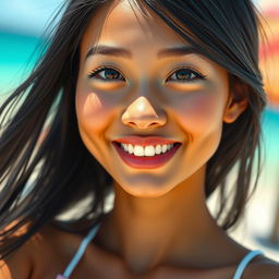 A depiction of a young woman with light brown skin, long hair that is black-blue in color, featuring a slight forehead recession