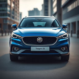 An elegant electric blue MG ZS, boasting a sleek and sporty design, positioned prominently in the center of the image