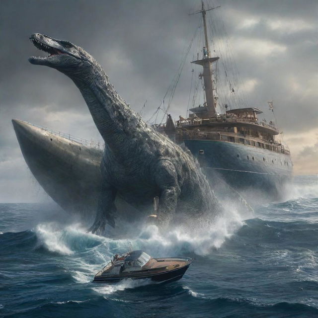 Out in the tumultuous sea, the millionaire's yacht is suddenly attacked by the terrifying Mosasaurus that emerges from the depths, creating an unforgettable spectacle of primal force and opulent luxury colliding.