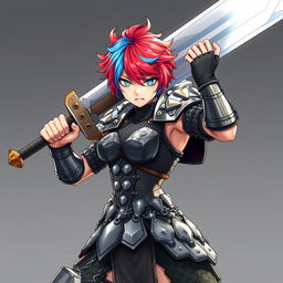 A human fighter brandishing a massive buster sword, elevated in a fierce and determined pose