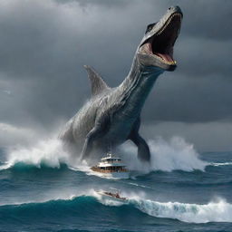 In an epic display of nature's mercilessness, the Mosasaurus' attack leads to the millionaire's luxurious yacht sinking beneath the storm-tossed waves, leaving no trace of the vessel or its owner.