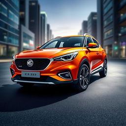 An elegant electric orange MG ZS, showcasing a sleek and sporty design, prominently placed in the center of the image