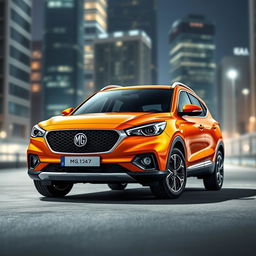 An elegant electric orange MG ZS, showcasing a sleek and sporty design, prominently placed in the center of the image