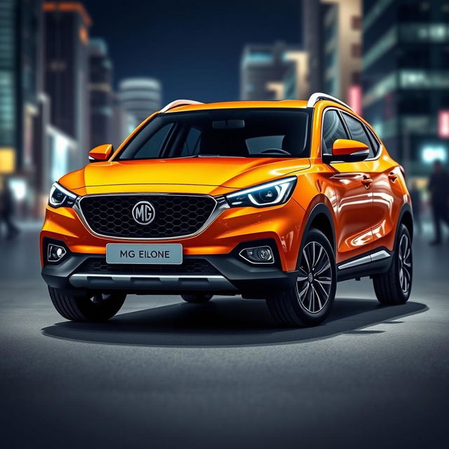 An elegant electric orange MG ZS, showcasing a sleek and sporty design, prominently placed in the center of the image