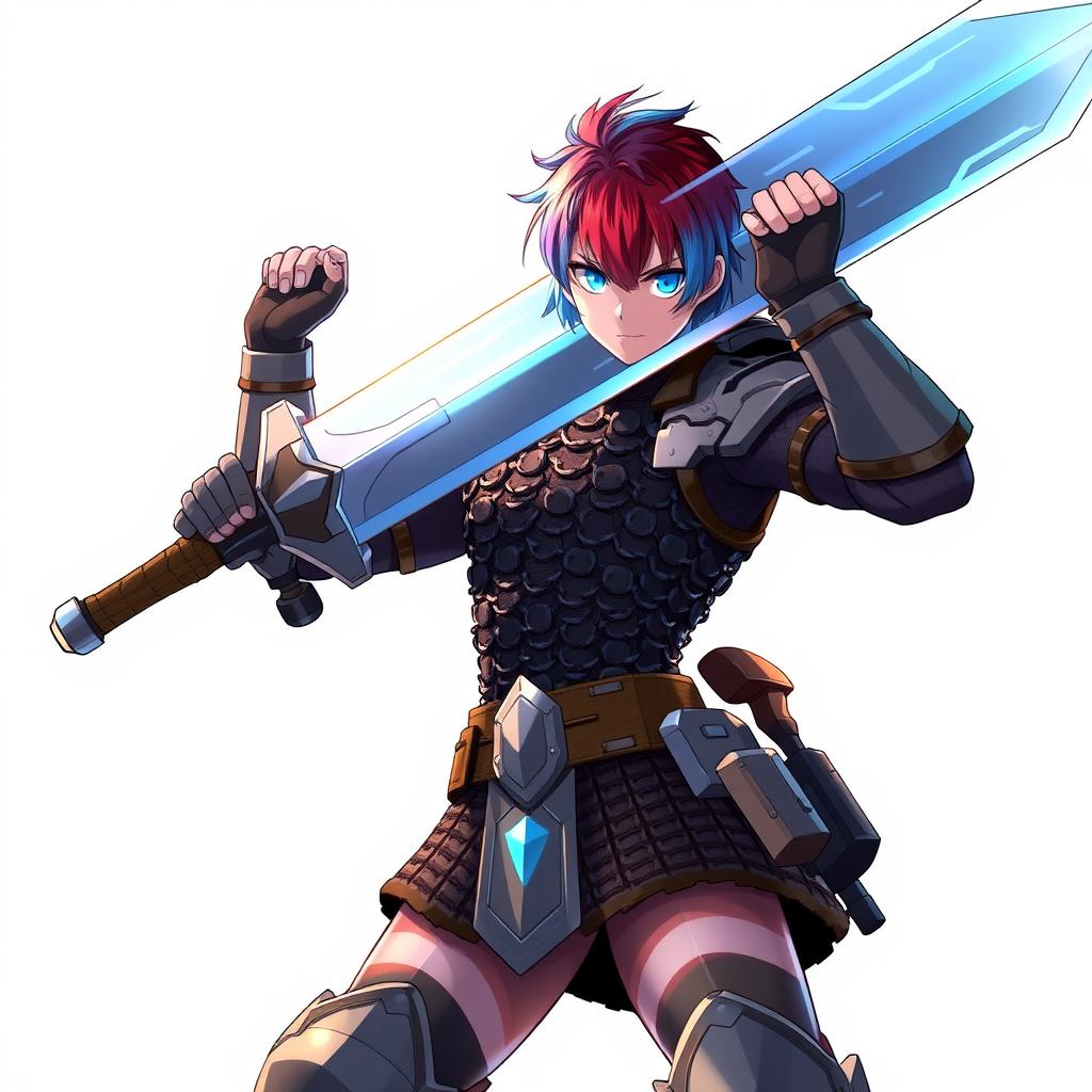 A human fighter dramatically wielding a huge buster sword, raised confidently in a powerful stance